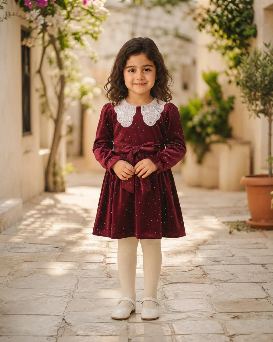 Bordo Yaka Dantel Fiyonk Detaylı Kız Çocuk Kışlık Elbise Taçlı