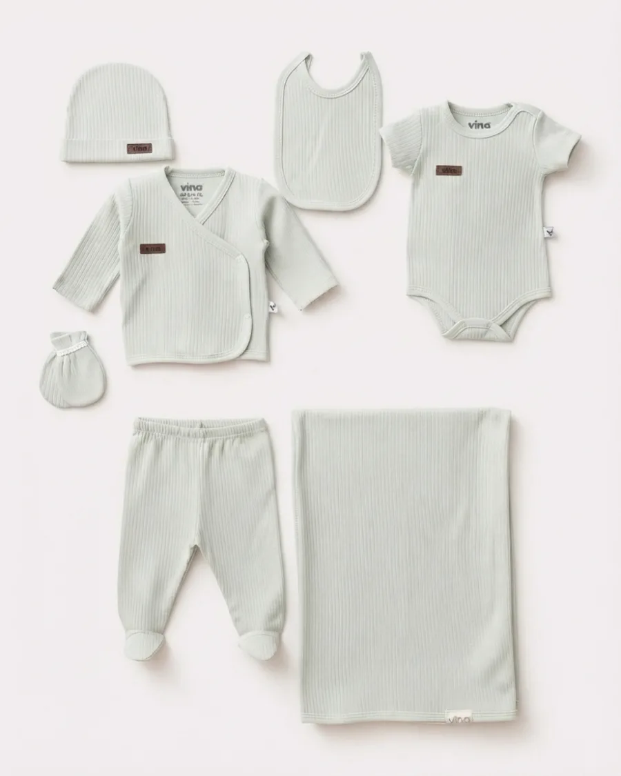 Düz Raporlu Unisex 7li Hastane Çıkışı Zıbın Set – Yeşil