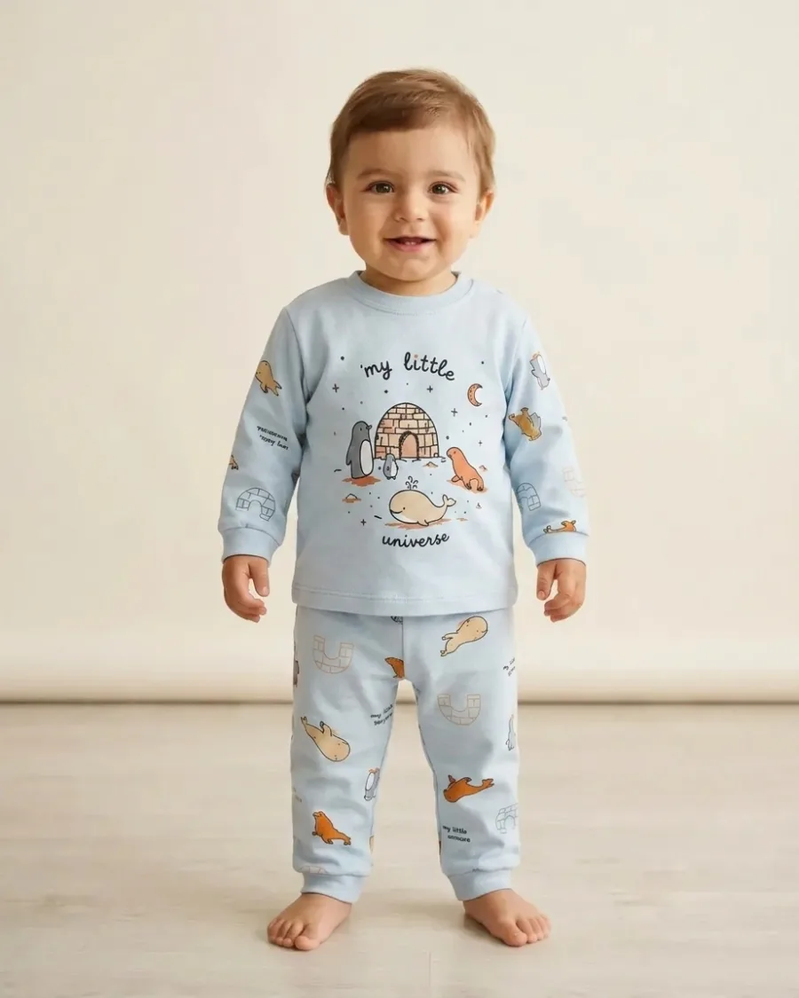 Erkek Bebek Mavi Sevimli Hayvan Desenli Sweatshirt ve Eşofman Altı 2 Parça Takım