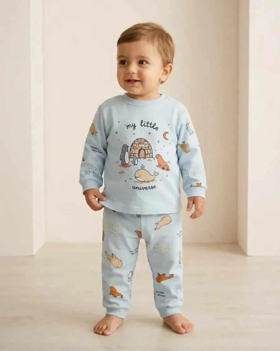 Mavi renkli, üzerinde kutup hayvanları illüstrasyonu bulunan uzun kollu sweatshirt ve eşofman altı erkek bebek takımı – sentetik çocuk manken ile editoryal görünüm