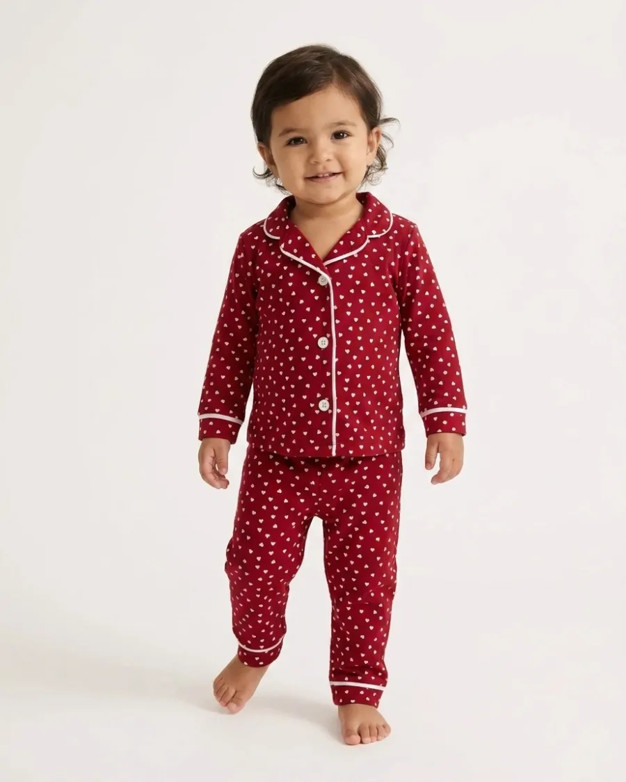 Kırmızı Kalp Desenli Kız Bebek Pijama Takımı