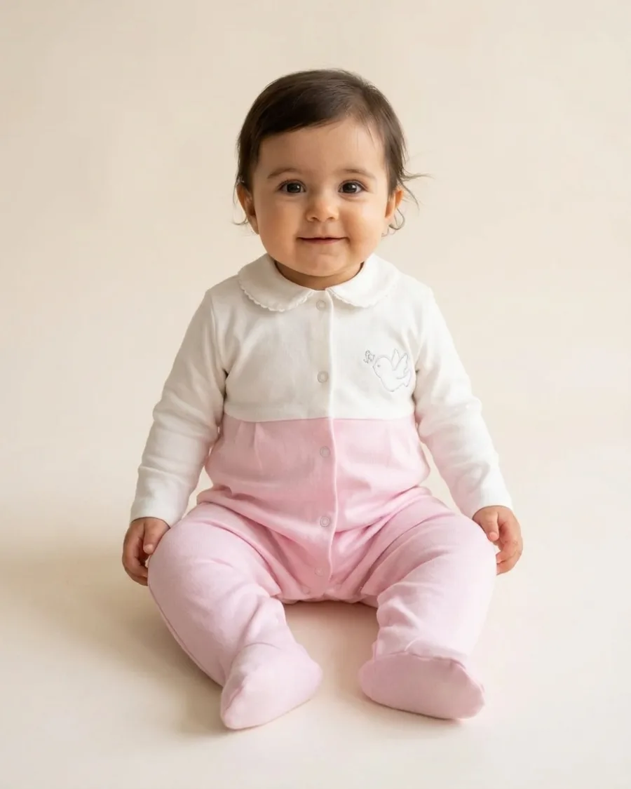 Kuş Nakışlı Kadife Bebek Tulumu Asorti – Bej