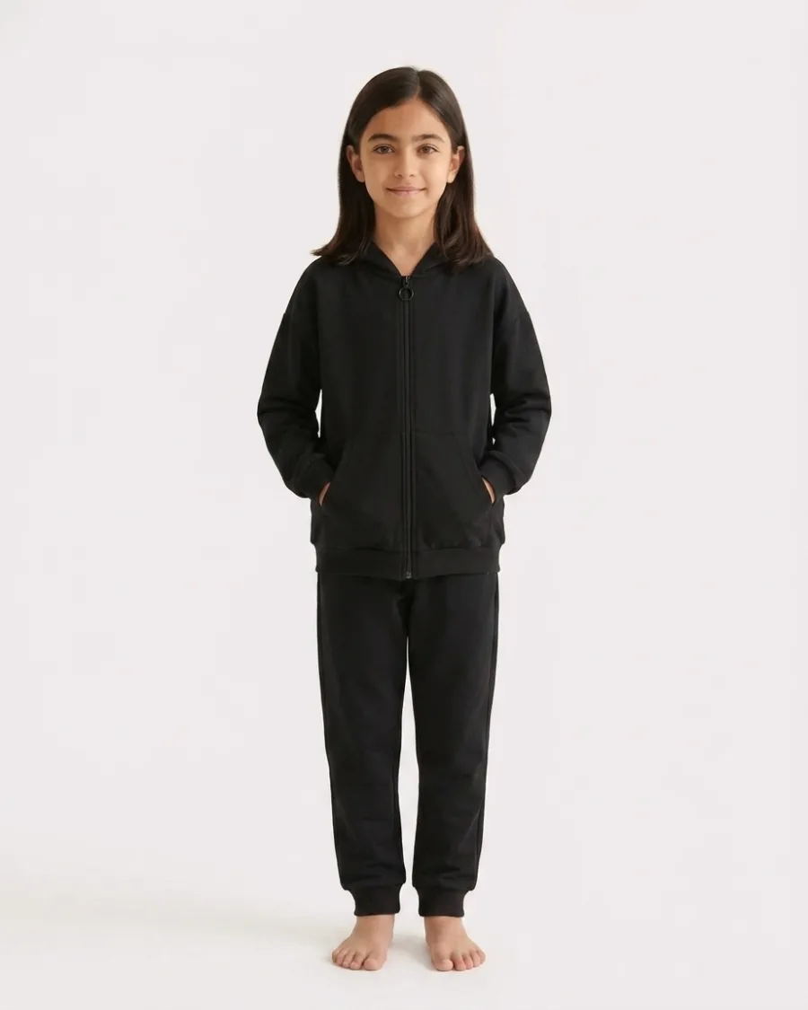 Siyah Fermuarlı Kapüşonlu 3 İp Kumaş Unisex Çocuk Hırka Kalın Kışlık Okul Sweatshirt Ceketi