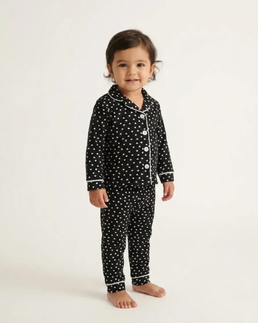 Siyah Kalp Desenli Kız Bebek Pijama Takımı
