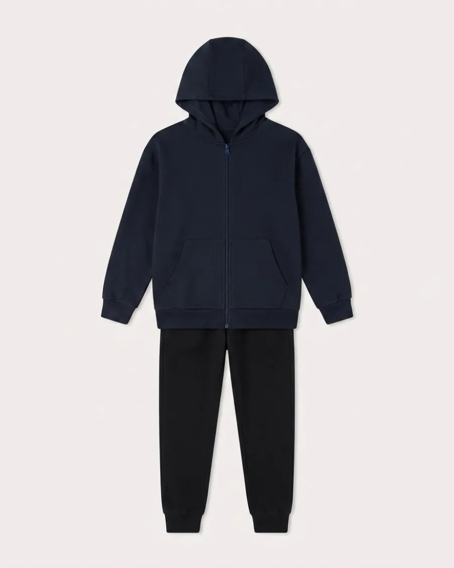 Unisex Çocuk Lacivert Kapüşonlu Fermuarlı Okul Hırkası İki İplik Mevsimlik Basic Sweatshirt