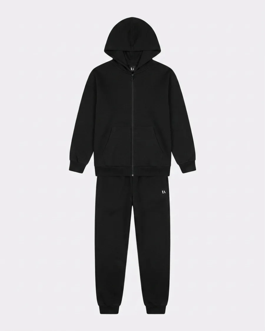 Unisex Çocuk Siyah Fermuarlı Kapüşonlu İki İplik Cepli Mevsimlik Okul Sweatshirt Hırka