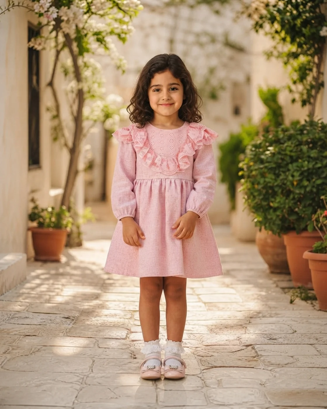 Kız Çocuk Pembe Brode Dantelli Keten Elbise Mevsimlik