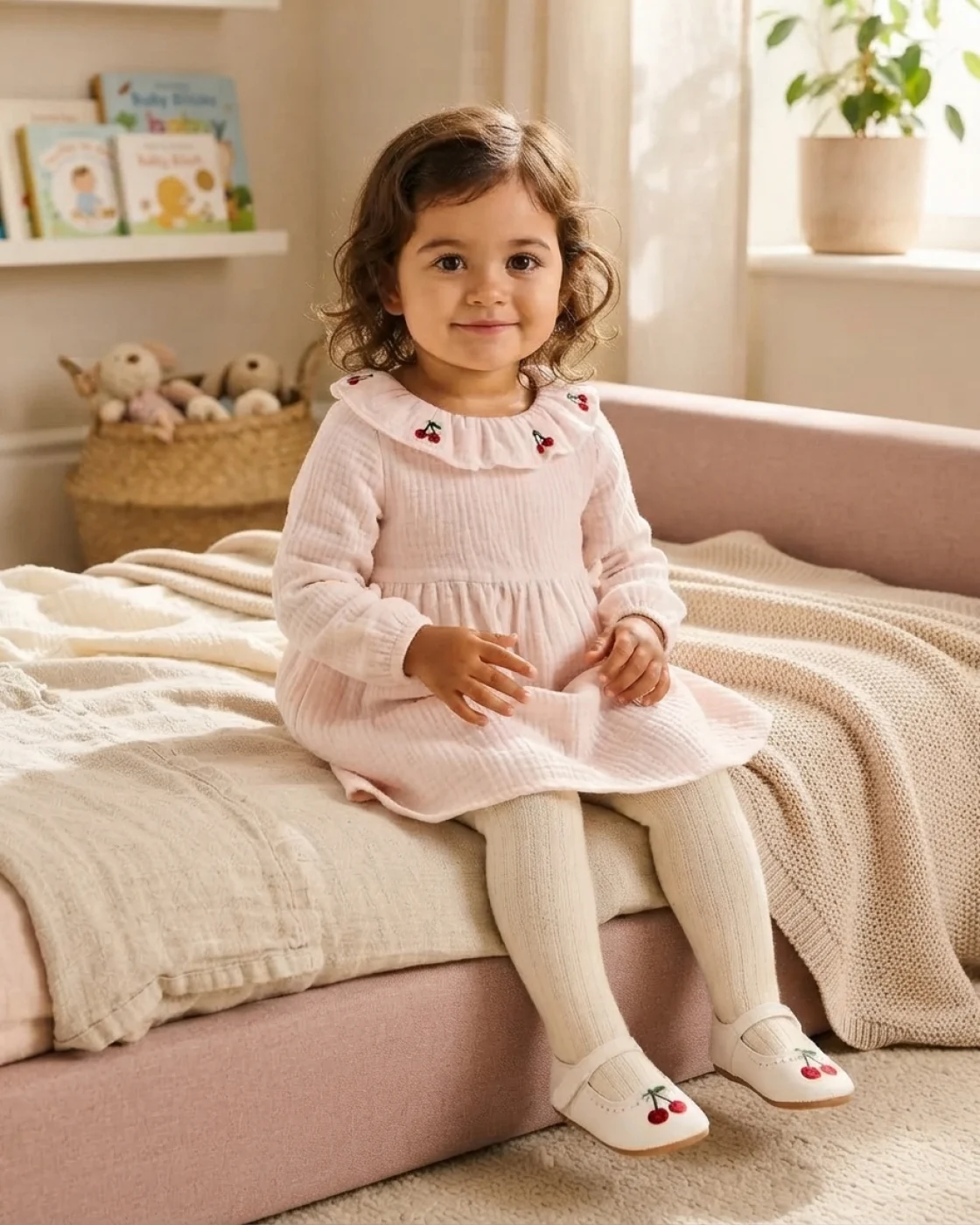 Pudra Kiraz Nakışlı Kız Bebek Müslin Elbise Rahat Kesim