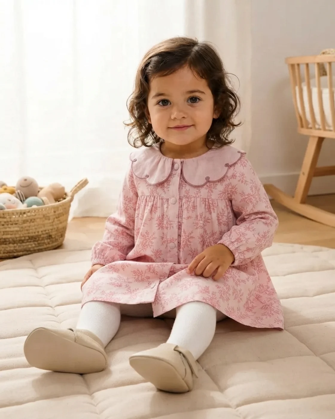 Pudra Renkli Çiçekli Müslin Kız Bebek Mevsimlik Elbise