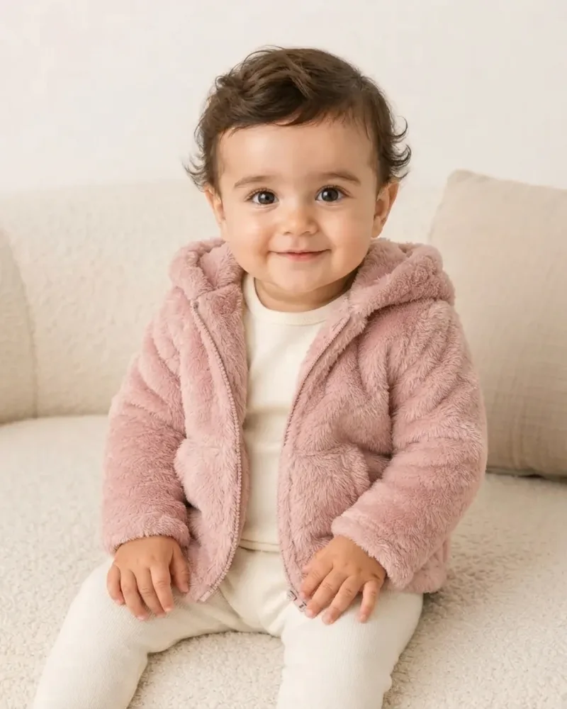 Kız Bebek Pudra Pembe Peluş Kapüşonlu Fermuarlı Hırka