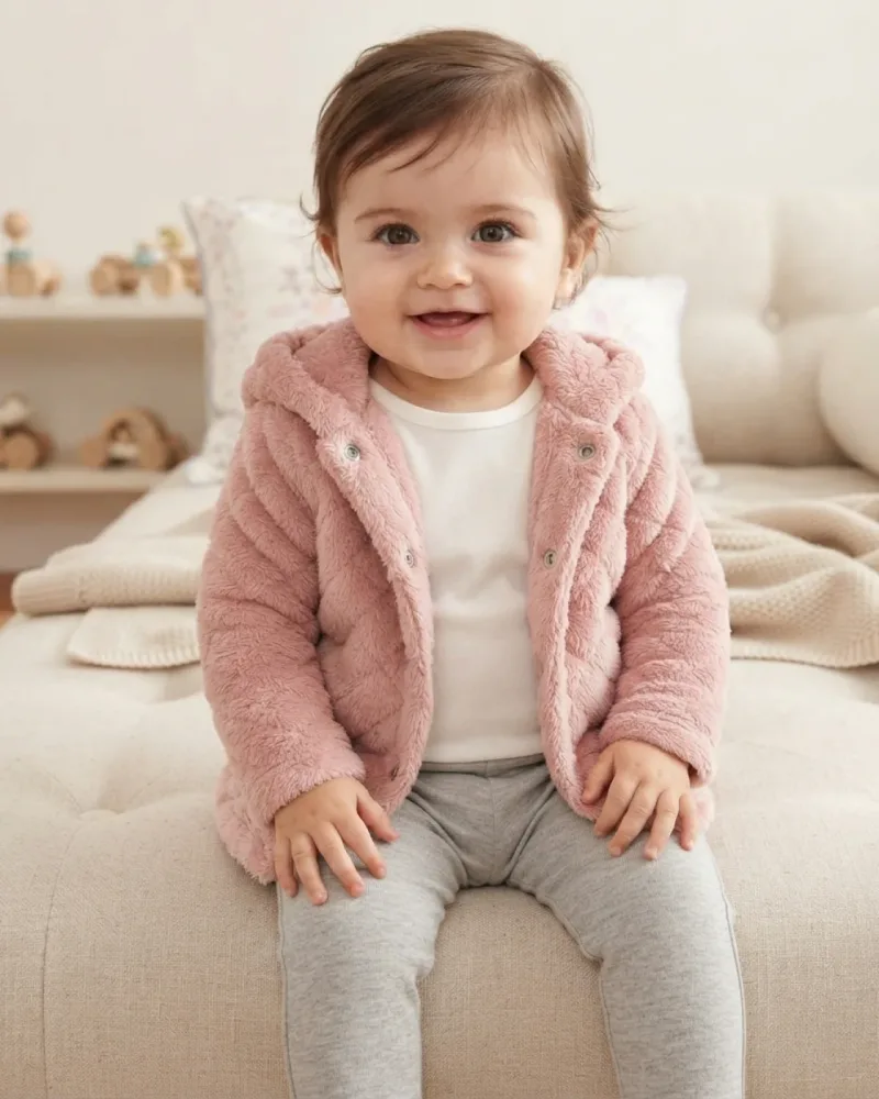 Kız Bebek Pudra Pembe Peluş Kapüşonlu Fermuarlı Hırka