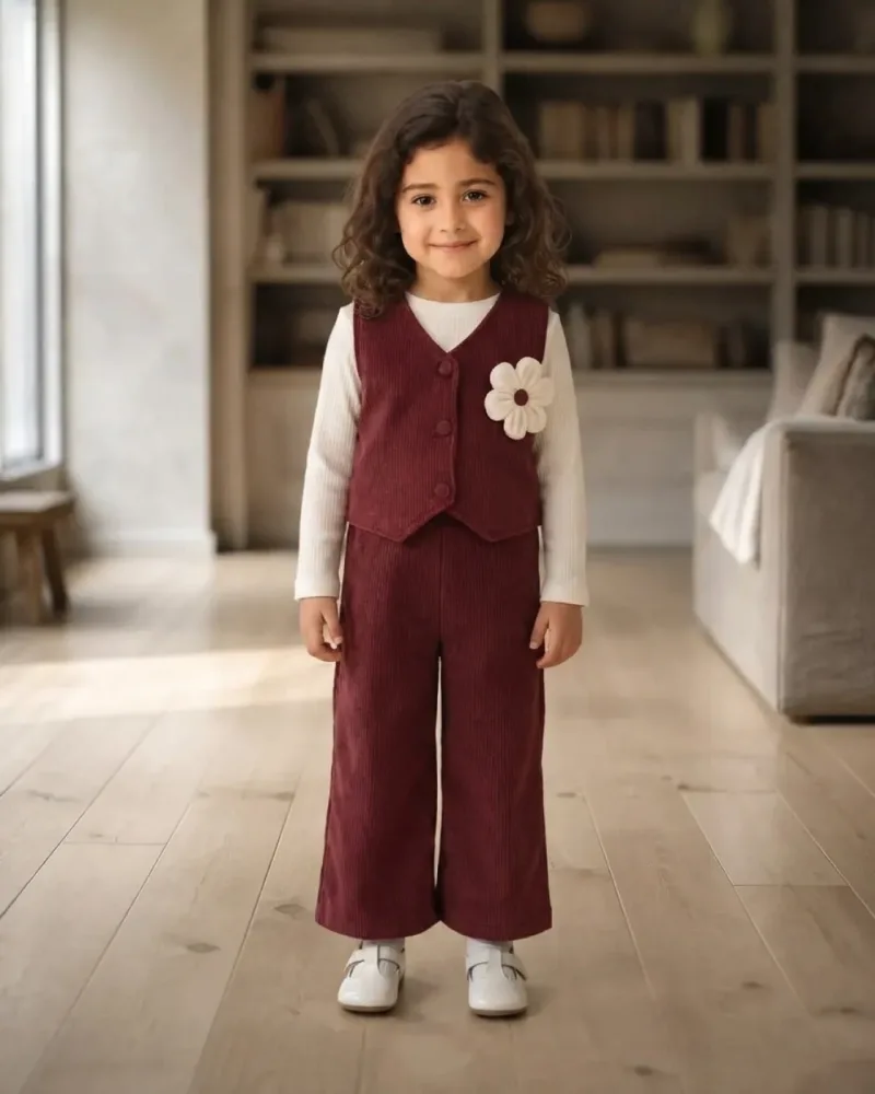 Çiçek Detaylı Yelekli Kadife Üçlü Kız Çocuk Takımı – Mürdüm