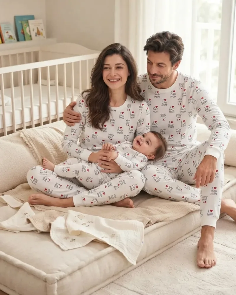 Beyaz Unisex Bebek Mom Dad Baskılı Body Pantolon Takımı · 2 Parça
