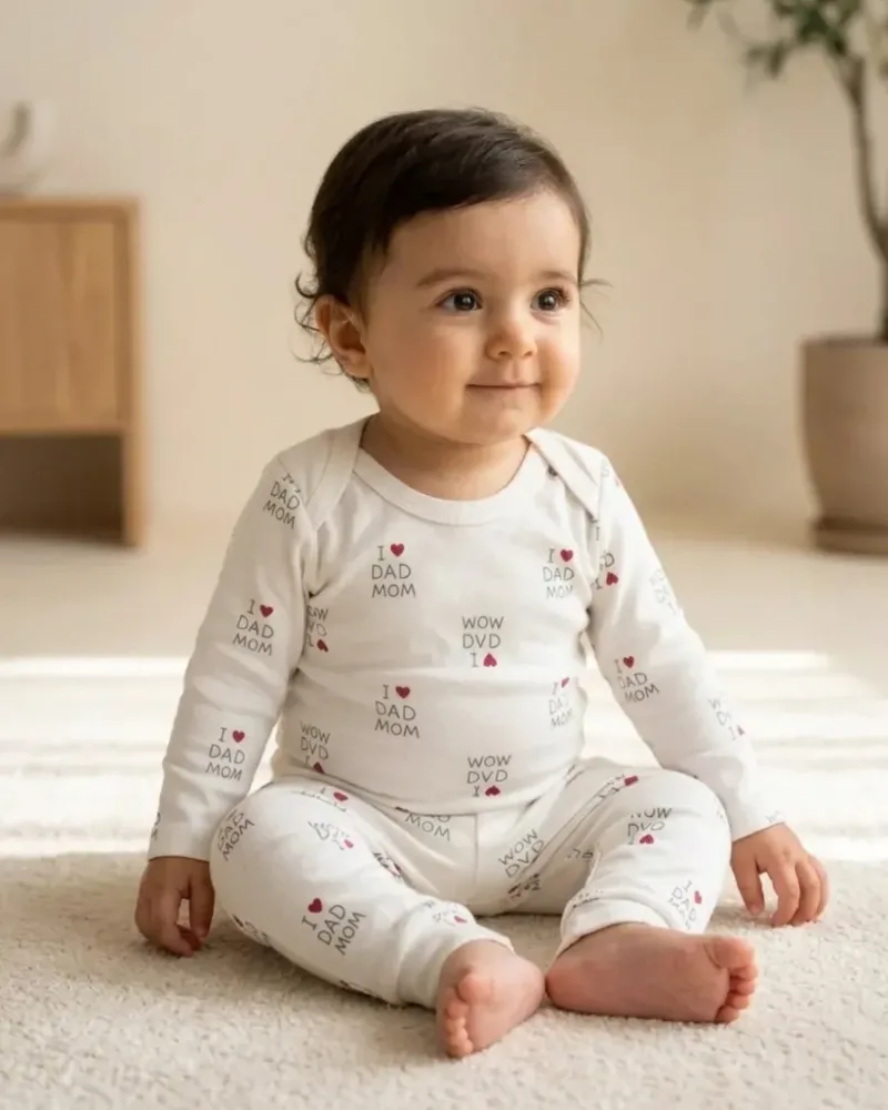 Beyaz Unisex Bebek Mom Dad Baskılı Body Pantolon Takımı · 2 Parça