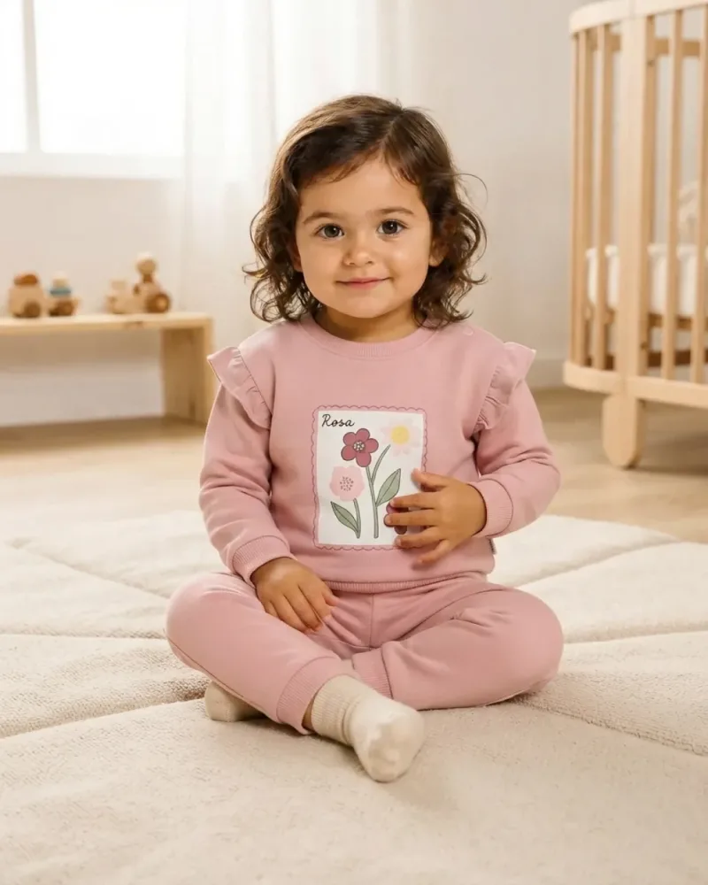 Kız Bebek Pudra Çiçek Baskılı Fırfır Detaylı Takım – 2 Parça