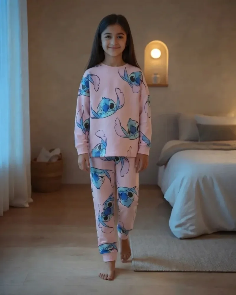 Kız Çocuk Pembe Stitch Baskılı Uzun Kollu Pijama Takımı – 2 Parça
