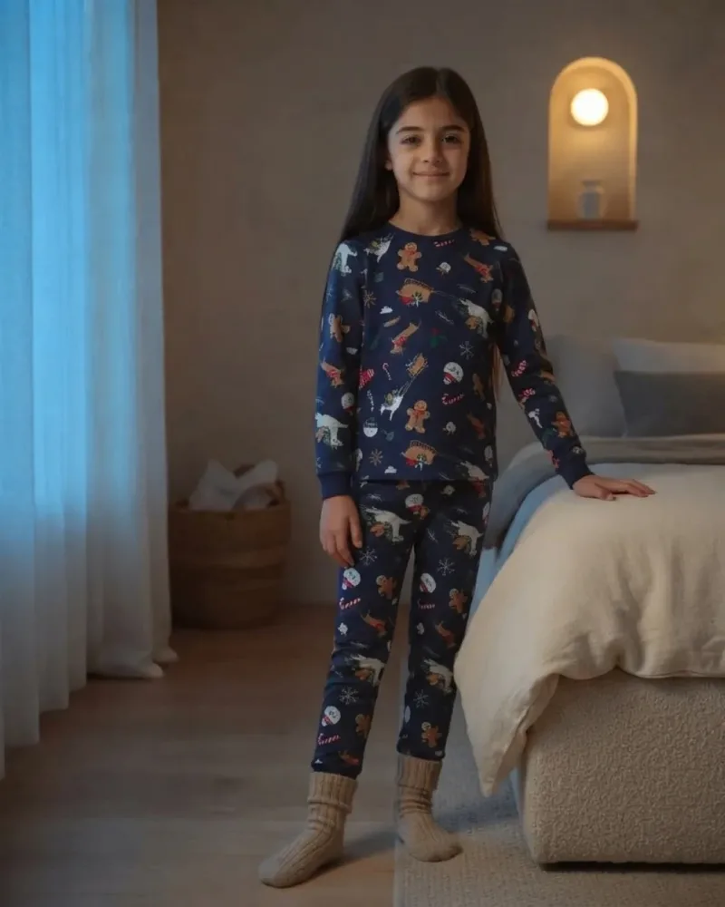 Unisex Çocuk Lacivert Yılbaşı Desenli Uzun Kollu Pijama Takımı – 2 Parça