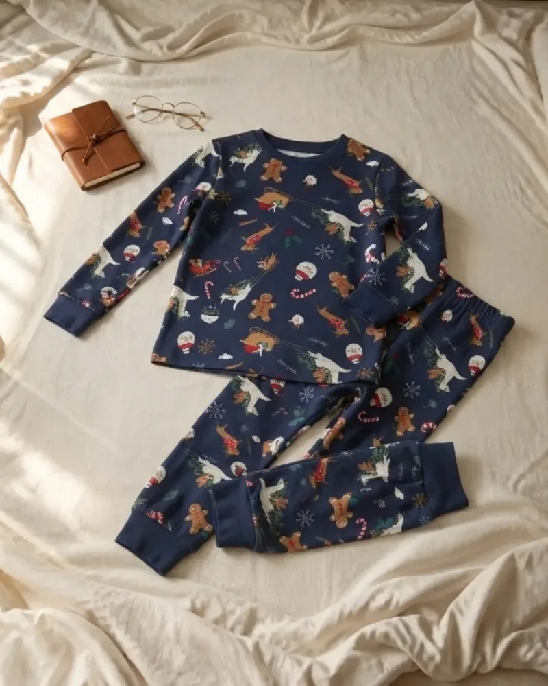 Unisex Çocuk Lacivert Yılbaşı Desenli Uzun Kollu Pijama Takımı – 2 Parça