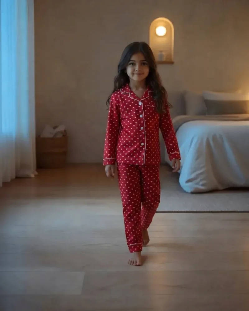 Kız Çocuk Kırmızı Kalp Desenli Önden Düğmeli Pijama Takımı – 2 Parça