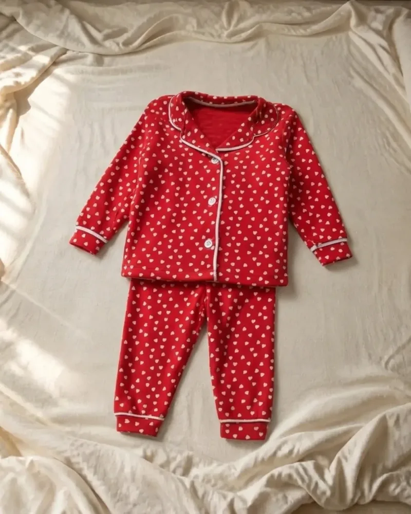 Kalp Desenli Kız Pijama Takım – Kırmızı – stilist ürün parçaları kompozisyonu