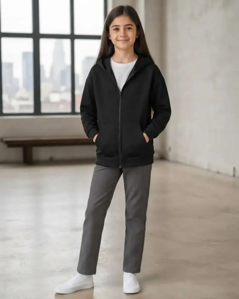 Unisex Çocuk Siyah Kapüşonlu Fermuarlı Cepli 3 İp Kalın Kışlık Okul Hırkası Sweatshirt