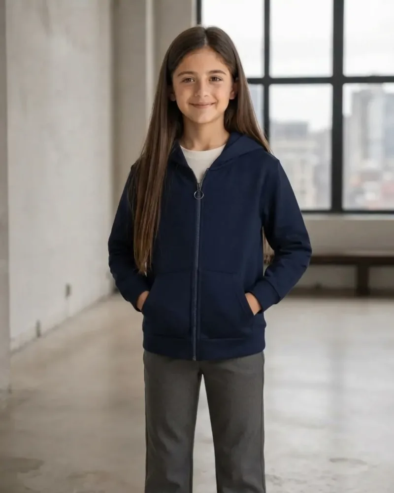 Unisex Çocuk Lacivert Kapüşonlu Fermuarlı Kanguru Cepli Kalın 3 İp Okul Hırka Sweatshirt