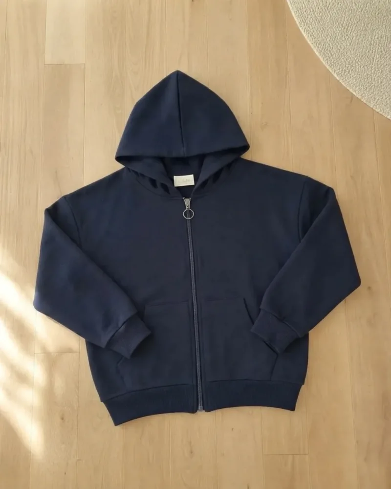 Unisex Çocuk Lacivert Kapüşonlu Fermuarlı Kanguru Cepli Kalın 3 İp Okul Hırka Sweatshirt