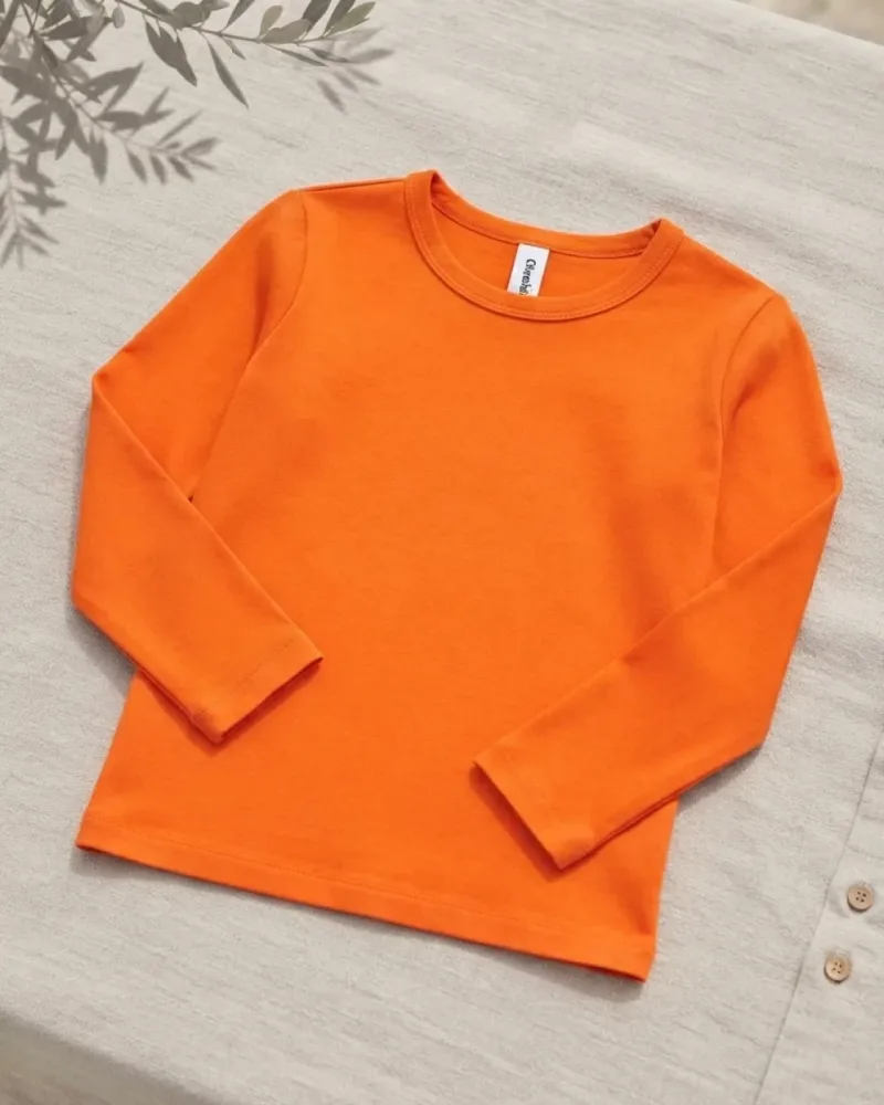 Unisex Çocuk Turuncu Düz Penye Pamuklu Bisiklet Yaka Uzun Kollu Mevsimlik Basic Tişört Badi
