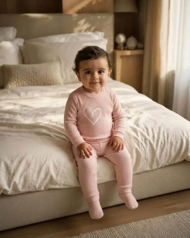 Somon Renkli Kız Bebek Kalpli Uzun Kollu Pijama Takımı