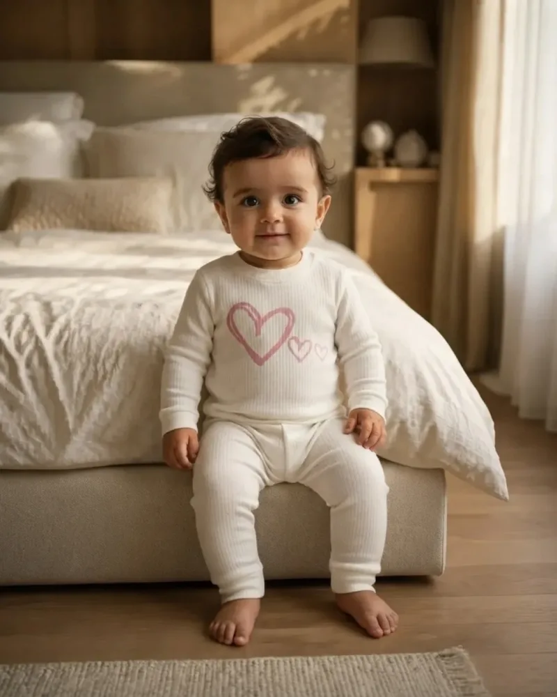 Kız Bebek Beyaz Kalpli Mevsimlik Pijama Takımı Konforlu