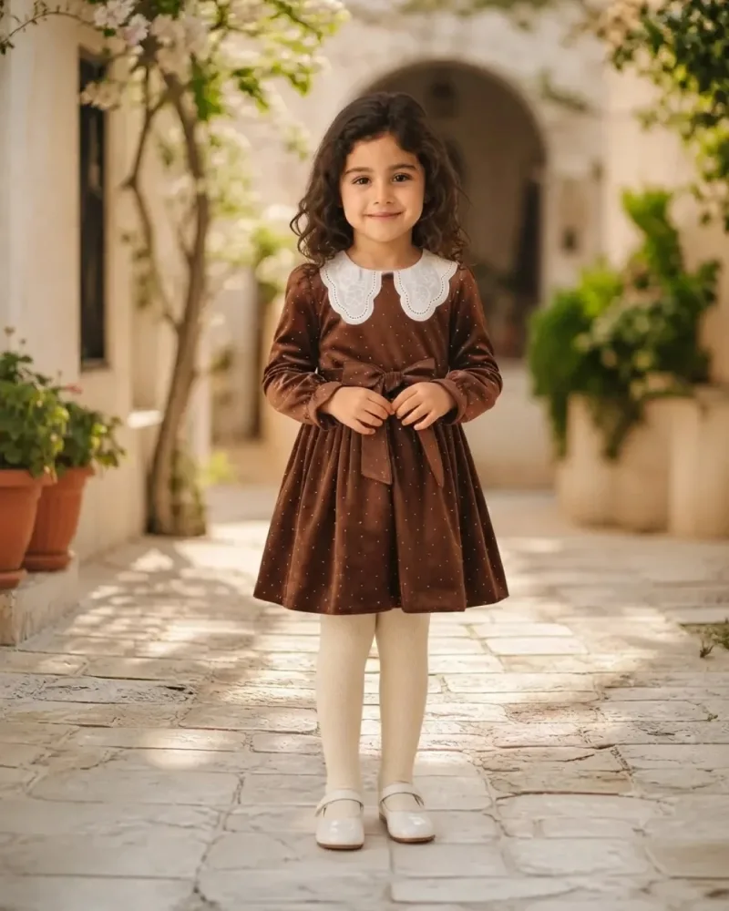 Kahverengi Yaka Dantel ve Fiyonklu Kız Çocuk Elbise Kışlık