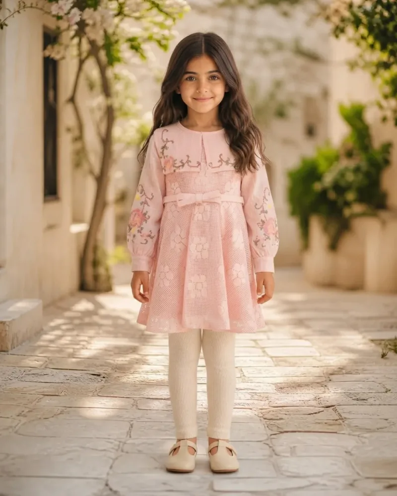 Kanaviçe Nakışlı Kemerli Dantel Motifli Kız Çocuk Pembe Elbise