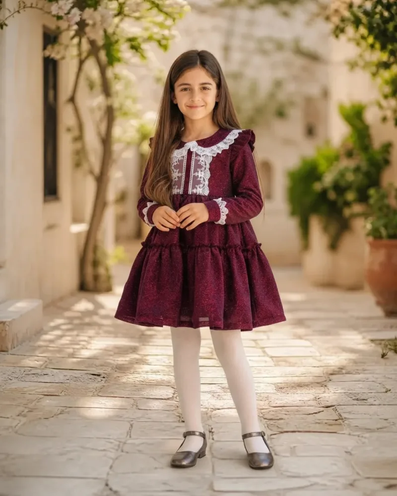 Kız Çocuk Bordo Simli Dantelli Mevsimlik Elbise