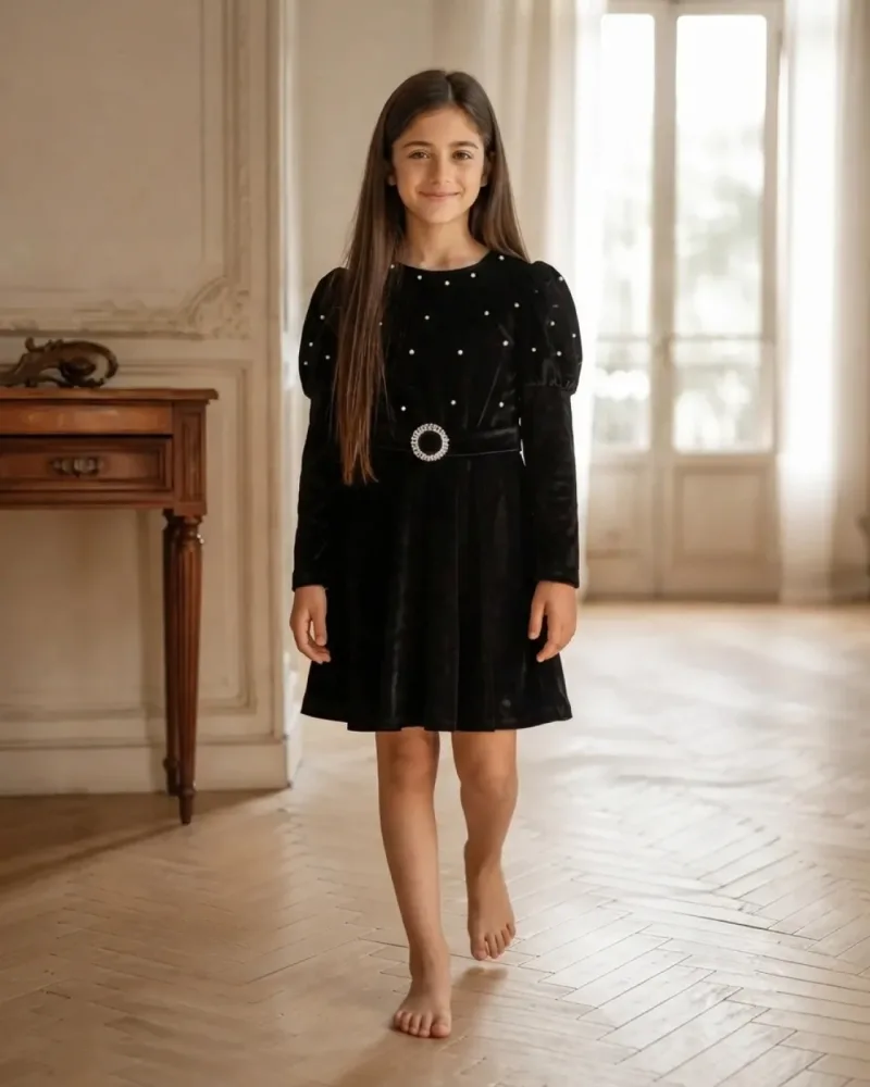 Kız Çocuk Siyah Kadife İnci Detaylı Karpuz Kollu Elbise Kışlık