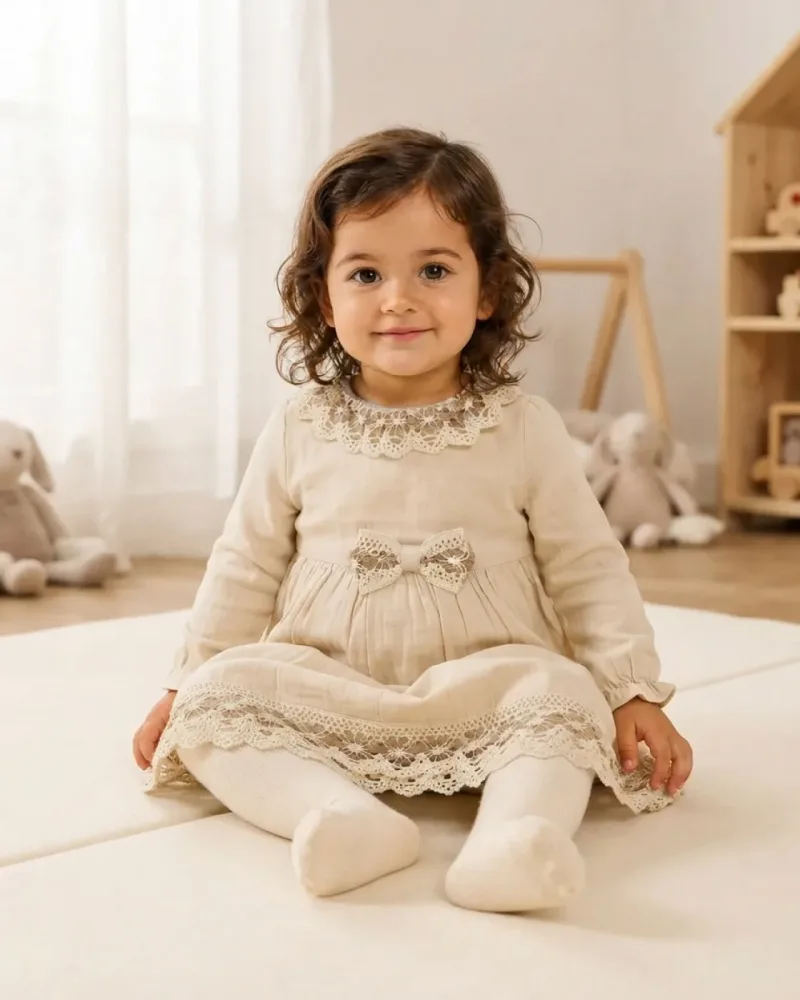 Kız bebek için açık kahve renginde, müslin kumaşlı dantelli elbise – sentetik çocuk manken ile hero görünümü