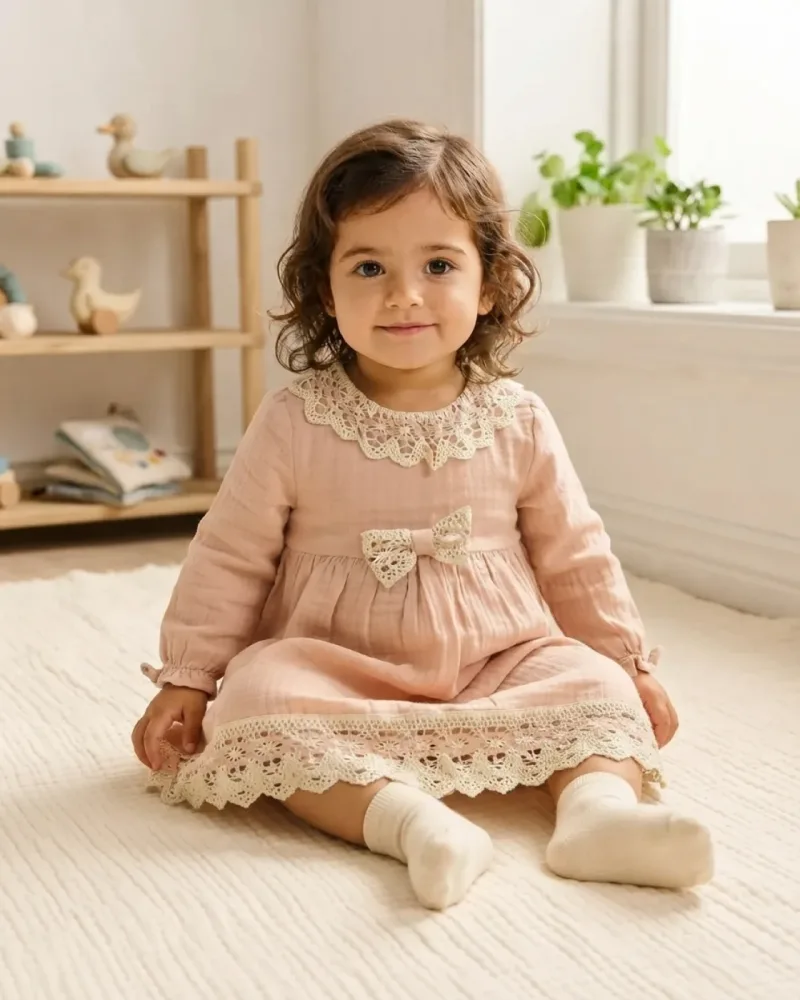 Somon Müslin Kumaşlı Dantelli Kız Bebek Elbise