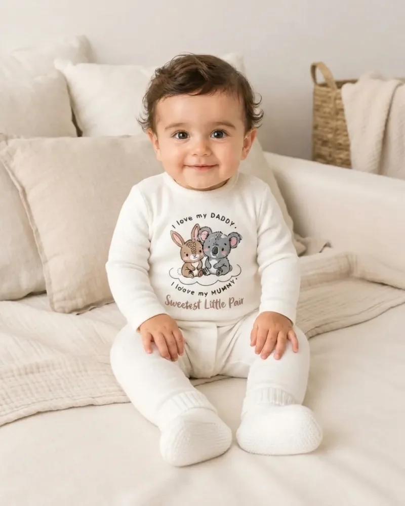 Unisex Bebek Koala ve Tavşan Baskılı Body Pantolon Takımı – Beyaz · 2 Parça