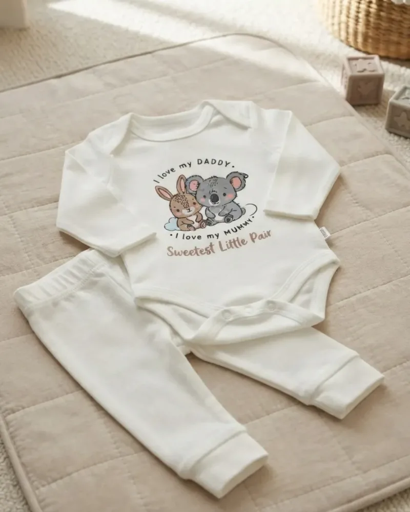 Unisex Bebek Sevimli Koala Baskılı Uzun Kollu Body ve Pantolon Takım – Beyaz · 2 Parça – stilist ürün parçaları kompozisyonu