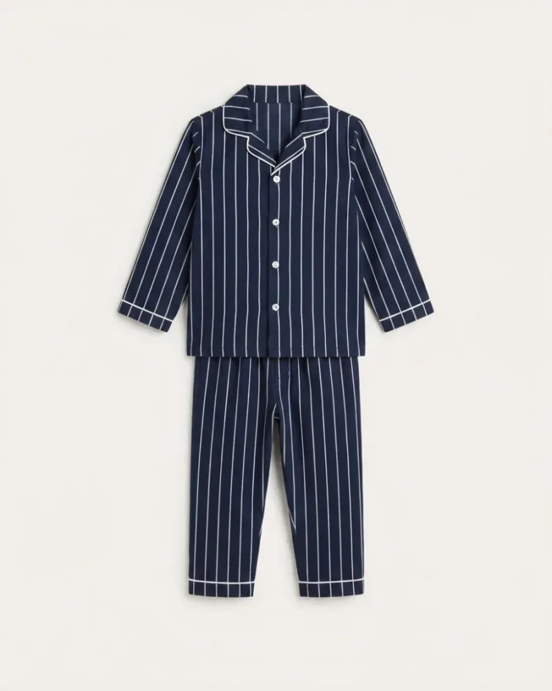 Lacivert beyaz çizgili, biyeli gömlek yakalı ve düğmeli erkek bebek pijama takımı – mankensiz tam ürün görünümü
