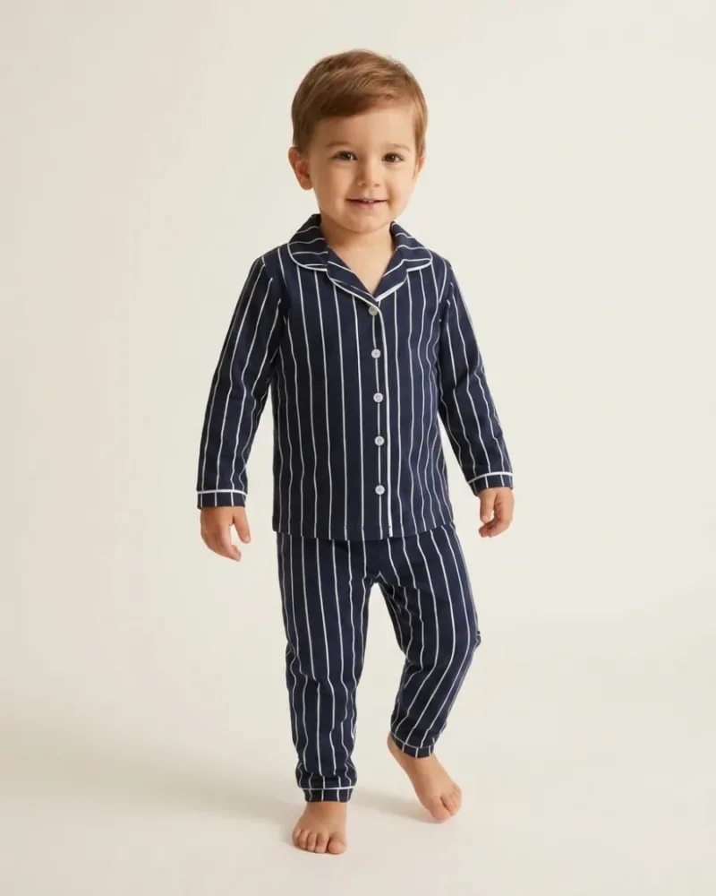 Erkek Bebek Lacivert Çizgili Yakalı Düğmeli Pijama Takımı