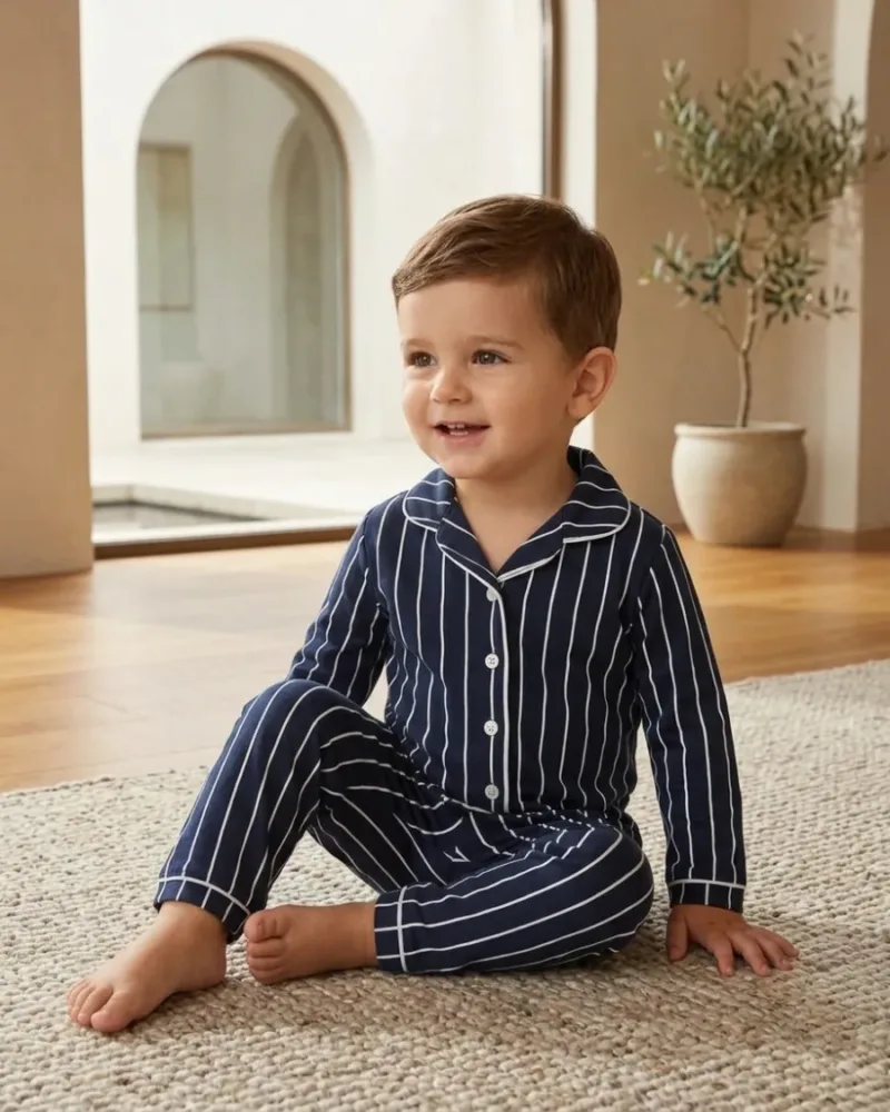 Lacivert beyaz çizgili, biyeli gömlek yakalı ve düğmeli erkek bebek pijama takımı – sentetik çocuk manken ile editoryal görünüm