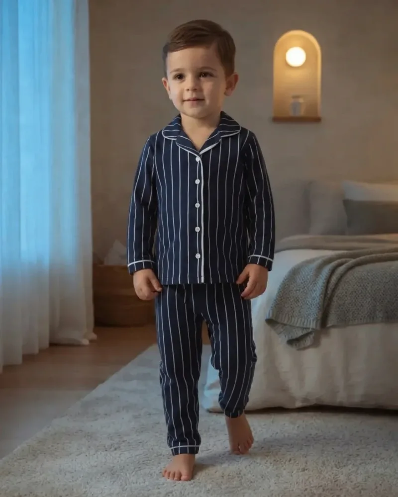 Erkek Bebek Füme Çizgili Yakalı Pijama Takımı – Smoked