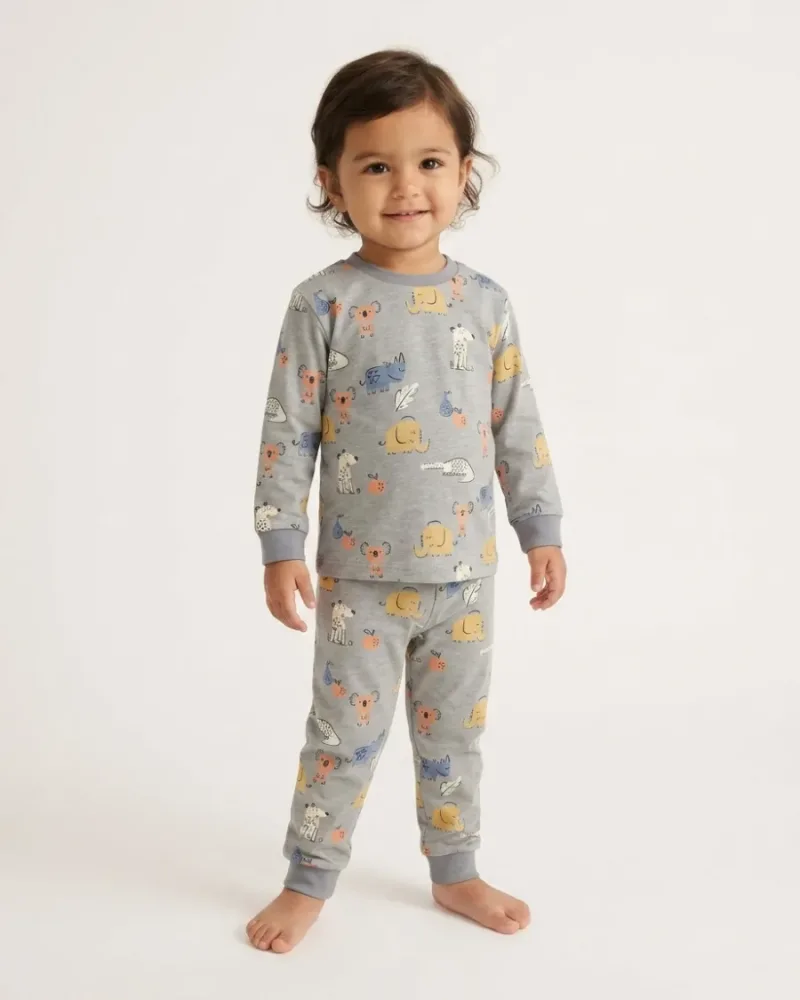 Gri Hayvan Desenli Bebek ve Çocuk Süprem Pijama Takımı