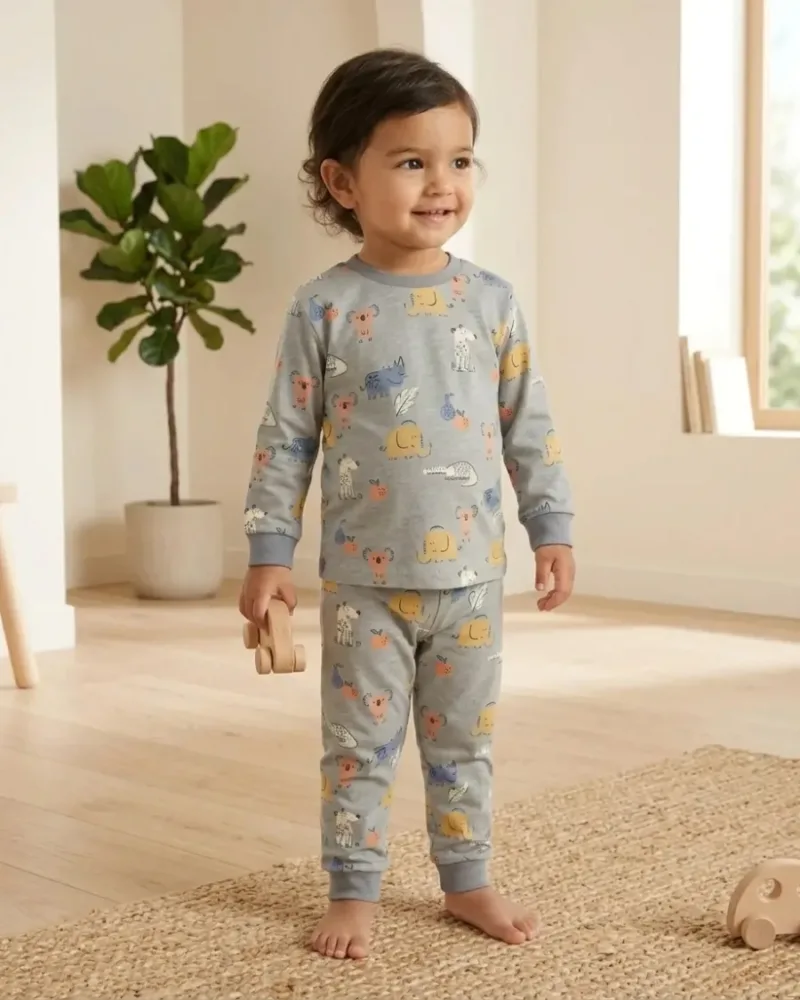 Gri renkli, üzerinde renkli hayvan figürleri bulunan uzun kollu ve ribanalı manşetlere sahip bebek süprem pijama takımı. – sentetik çocuk manken ile editoryal görünüm