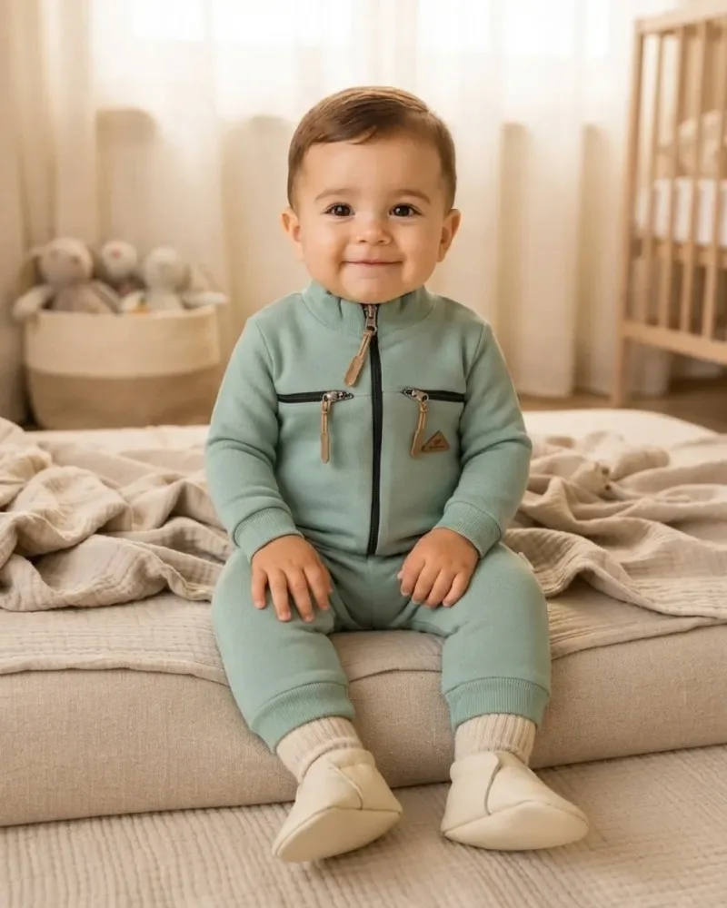 Kışlık Erkek Bebek Cep Fermuarlı Yeşil Tulum Rahat Kalıp – Yeşi̇l