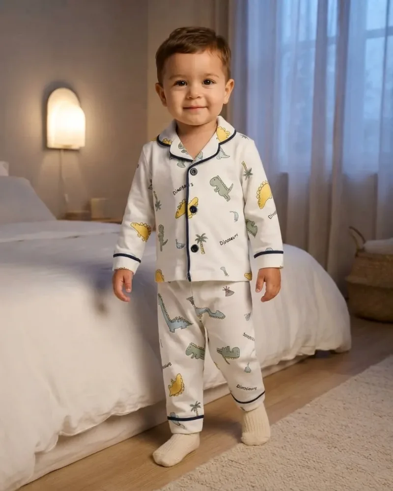 Erkek Bebek Beyaz Dinozor Desenli Yakalı Pijama Takımı – 2 Parça