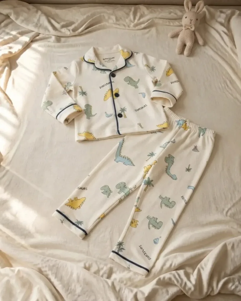 Erkek bebek, beyaz zemin üzerine renkli dinozor desenleriyle yakalı pijama takım giymiş – stilist ürün parçaları kompozisyonu