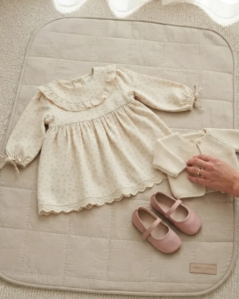 Kız bebek babydoll kesim uzun kollu pudra keten elbise, fırfır yakalı ve kol bağcıklarıyla detaylandırılmış – stilist ürün parçaları kompozisyonu