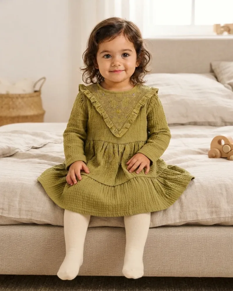Kız Bebek Metraj Elbise-02235 – Haki – sentetik çocuk manken ile hero görünümü