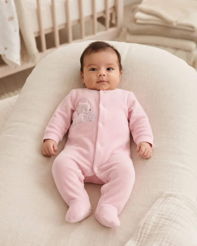Pembe Sincap Aplikeli Kadife Patikli Bebek Tulum